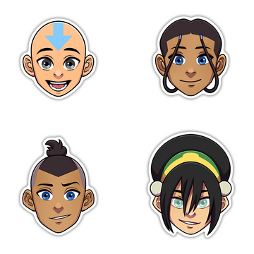 Characters from the avatar: Aang, Katara, Sokka, Toph. Headshot stickers of the main four characters.